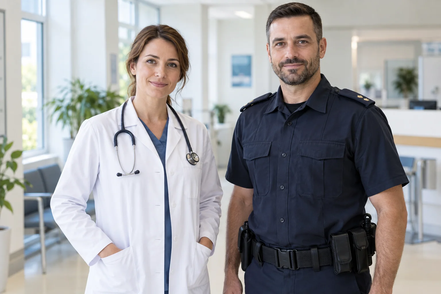 Ilustrativni prikaz liječnice i policijskog stručnjaka u generičkoj uniformi, bez službenih oznaka.